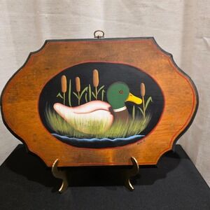 Vintage Hand-Painted Mallard Duck Wall Plaque Signed Wood Folk Art 13.5"